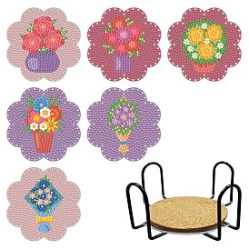 DIY 5D Diamond Painting Flower Pattern Cup Mat Kits, including Acrylic Cup Mat, Cork Mat, Iron Coaster Stand, Resin Rhinestones, Diamond Sticky Pen, Tray Plate and Glue Clay