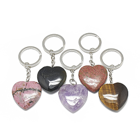 Natural Gemstone Keychain, with Iron Findings, Heart, Platinum