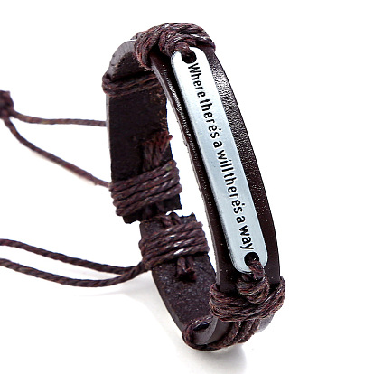 Adjustable Cowhide Cord Bracelets for Men, Antique Silver Tone Rectangle Word Alloy Links Bracelets
