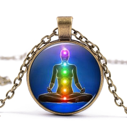 Collier pendentif en verre humain thème chakra yoga, bijoux en alliage pour femmes