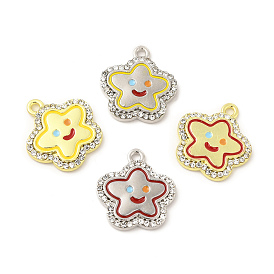 Rack Plating Alloy Crystal Rhinestone Pendants, with Enamel, Star with Smiling Face Charms, Cadmium Free & Nickel Free & Lead Free