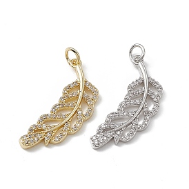 Brass Micro Pave Cubic Zirconia Pendants, with Jump Ring, Feather Charm