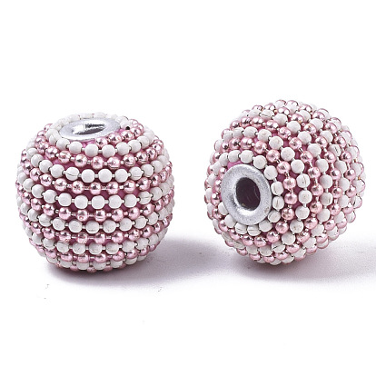 Perles Indonésiennes manuelles, avec de l'argile polymère, noyaux en laiton plaqué argent et chaînes à billes de fer, ronde