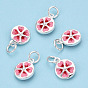 925 Sterling Silver Enamel Charms, with Jump Ring, Falt Round with Flower