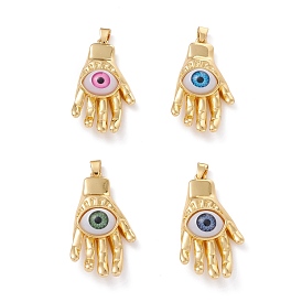 Brass Pendants, with Resin Cabochons, Long-Lasting Plated, Hand with Evil Eye, Real 18K Gold Plated