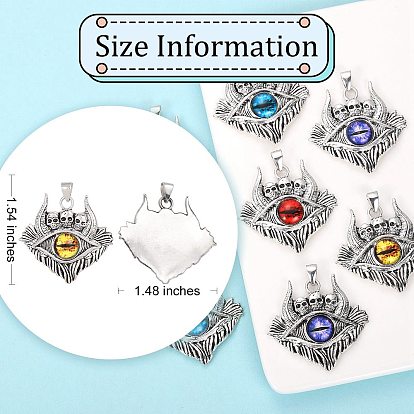8Pcs 4 Colors Glass Pendants, with Antique Silver Plated Alloy Findings, Skull with Evil Eye