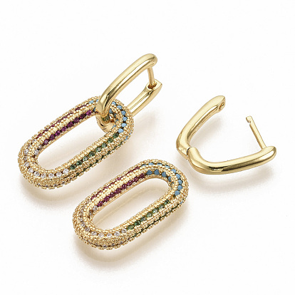 Brass Micro Pave Cubic Zirconia Dangle Hoop Earrings, Oval, Real 16K Gold Plated