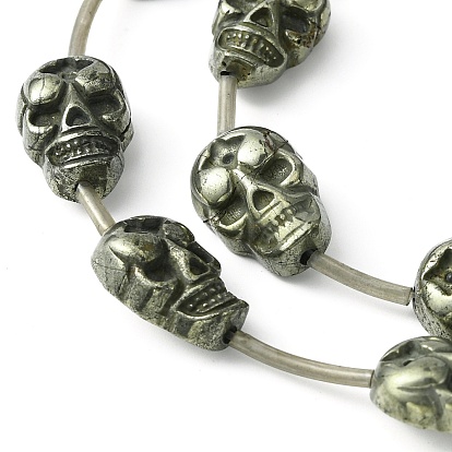 Brins de perles de pyrite naturelle d'Halloween, crâne à dos plat