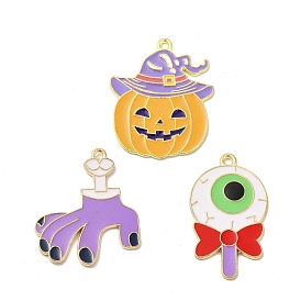 Hallowmas Alloy Enamel Pendants, Light Gold, Ghost Claw/Pumpkin with Hat/Eye Lollipop Charm