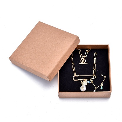 Square Kraft Paper Jewelry Boxes, Necklace Boxes, with Black Sponge