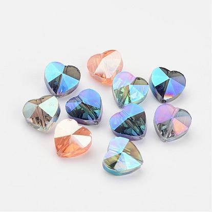 Electroplate Faceted Glass Heart Beads, Half Rainbow Plated, 10x10x7mm, Hole: 1mm