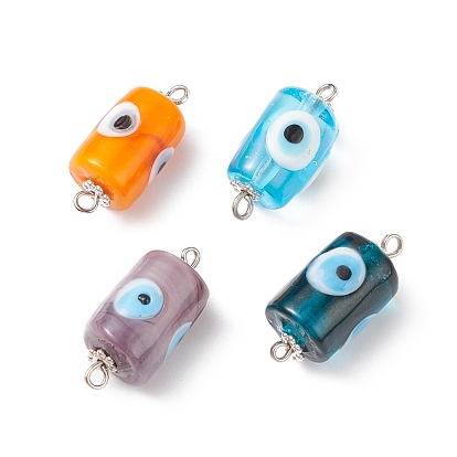 Handmade Evil Eye Column Lampwork Connector Charms, with Silver Color Plated Alloy Daisy Spacer Beads, Mixed Color