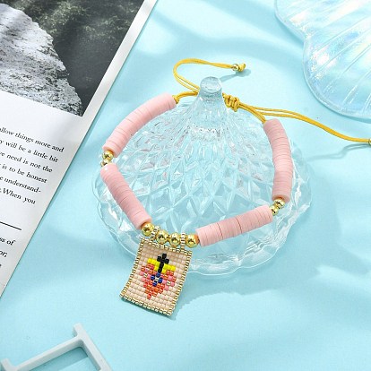 MIYUKI Glass Seed Rectangle Charm Bracelet, Adjustable Polymer Clay Heishi Surfer Preppy Bracelet