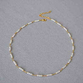 Minimalist Brass Gold-plated Commuter Short Necklace Collarbone Chain with Pearl Chain Splicing