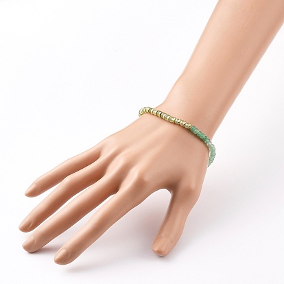 Bracelets extensibles en perles de jade de malaisie naturelles rondelles teintes, avec des billes d'hématite synthétiques non magnétiques galvanisées, or