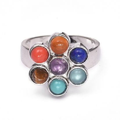 Chakra Jewelry, Natural & Synthetic Mixed Stone Cuff Finger Rings, with Glass and Brass Findings, Flower