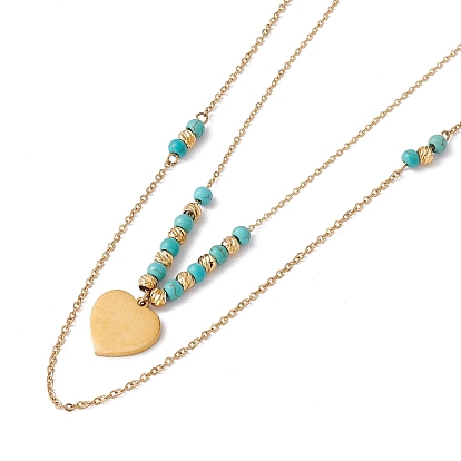 Collier double couche avec breloques en émail et perles de turquoise synthétique, 304 collier de bohème de chaînes de câble en acier inoxydable pour les femmes, or