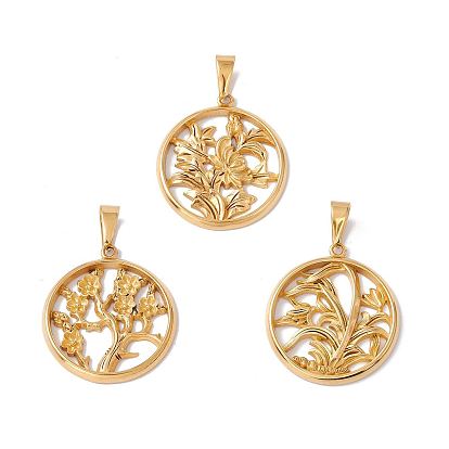 Vacuum Plating 304 Stainless Steel Pendants, Flat Round with Flower Charm