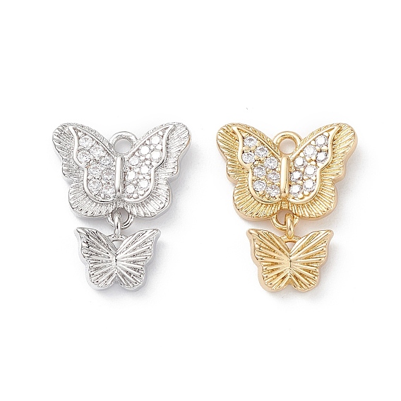 Rack Plating Brass Micro Pave Clear Cubic Zirconia Charms, Double Butterfly Charms, Long-Lasting Plated, Cadmium Free & Lead Free