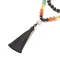 7 Chakra Buddhist Necklace, Natural & Synthetic Mixed Gemstone Round Beaded Necklace with Alloy Peace Sign and Big Tassel for Women