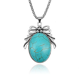 Natural Turquoise Pendant Necklaces, Teardrop with Bowknot