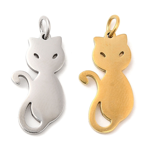 Vacuum Plating 304 Stainless Steel Pendants, with Jump Ring, Cat Charm