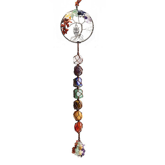 Grandes décorations pendentif thème chakra, tricot à la main avec breloque hibou, pompon de perles de pierres précieuses naturelles et de copeaux de pierre, plat et circulaire avec arbre de vie