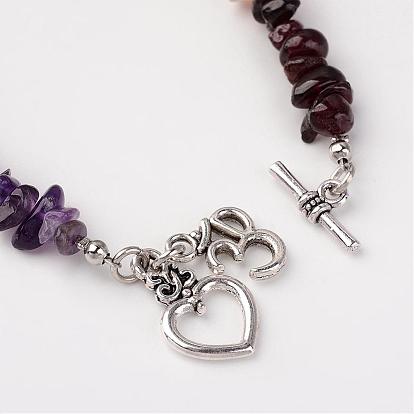 Chakra bijoux, bracelets de pierres précieuses perles, avec fermoirs T en alliage coeur et accessoires en laiton, ohm