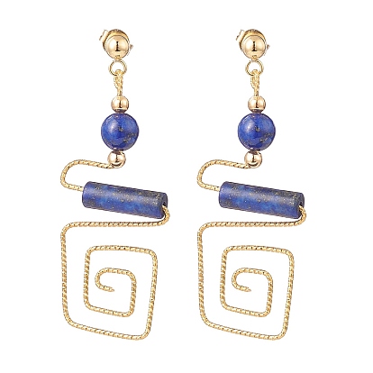 5 Pairs 5 Style Natural Mixed Gemstone Column Beaded Dangle Stud Earrings, Brass Rectangle Long Drop Earrings for Women, Light Gold