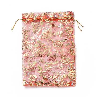 Estampación en oro rosa de flores de organza rectángulo bolsas de regalo, joyas bolsas de embalaje dibujable