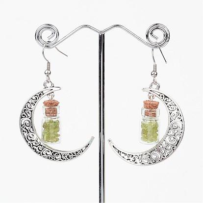 Glass Bottle with Gemstone inside Dangle Earrings, with Moon Alloy Findings and 304 Stainless Steel Pins, 58mm, Pin: 0.6mm