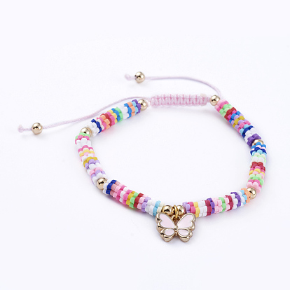 Adjustable Nylon Cord Braided Bead Bracelets, with Polymer Clay Heishi Beads, Alloy Enamel Charms and Real 18K Gold Plated Brass Beads, Butterfly