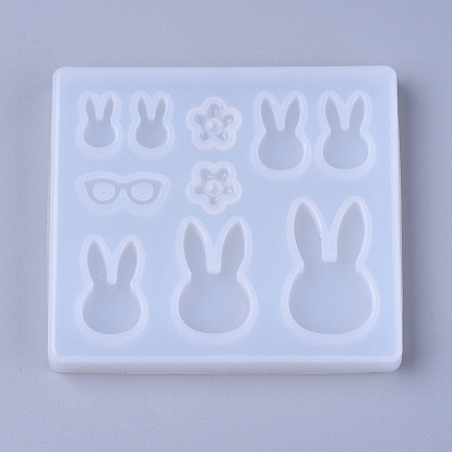 Moules en silicone à thème lapin, moules de résine, pour la résine UV, fabrication de bijoux en résine époxy, tête de lapin & fleur & lunettes