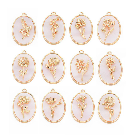 Pendentifs floraux de naissance en laiton, ovale avec fleur nacre breloques coquillage blanc, sans nickel, réel 18 k plaqué or