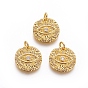 Brass Rough Surface Charms, with Micro Pave Cubic Zirconia and Jump Rings, Flat Round with Evil Eye
