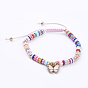 Adjustable Nylon Cord Braided Bead Bracelets, with Polymer Clay Heishi Beads, Alloy Enamel Charms and Real 18K Gold Plated Brass Beads, Butterfly