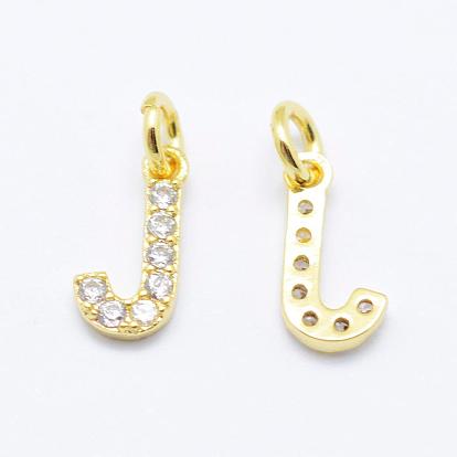 Brass Micro Pave Grade AAA Cubic Zirconia Charms, Letter J, Cadmium Free & Nickel Free & Lead Free