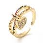 Rhinestone Heart Charm Open Cuff Ring, Real 18K Gold Plated Brass Jewelry for Women, Cadmium Free & Lead Free