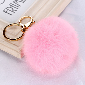 Gold Fur Pom Pom Keychain - Cute Plush Rabbit Ball Charm for Women's Handbags and Car Accessories
