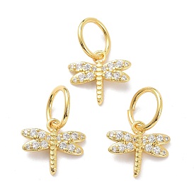 Brass Micro Pave Clear Cubic Zirconia Charms, with Jump Ring, Long-Lasting Plated, Dragonfly