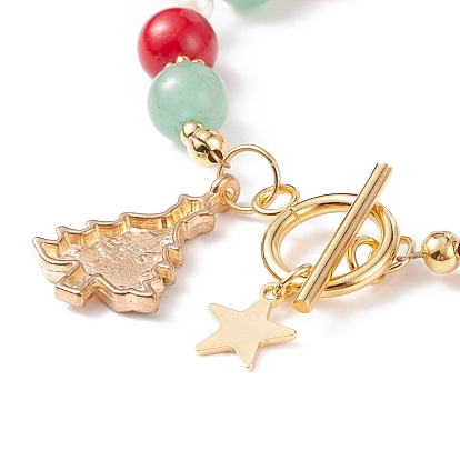 Christmas Tree & Star Alloy Enamel Charm Bracelet, Natural Mashan Jade & Green Aventurine Beaded Bracelet for Women
