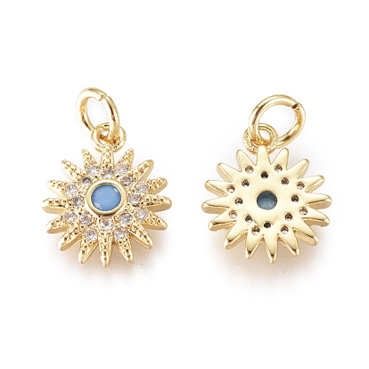 Brass Micro Pave Cubic Zirconia Charms, with Synthetic Turquoise & Jump Rings, Sun, Clear