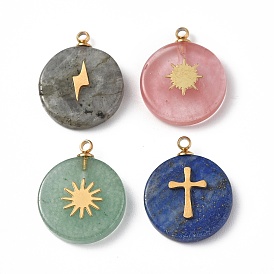 Gemstone Pendants, Flat Round with Vacuum Plating 201 Stainless Steel Pattern, Real 18K Gold Plated