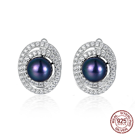 Oval Shape Rhodium Plated 925 Sterling Silver Ear Studs, with Natural Pearl Beads