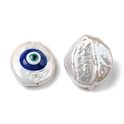 Baroque Style Natural Keshi Pearl Beads, with Enamel, Nuggets with Evil Eye