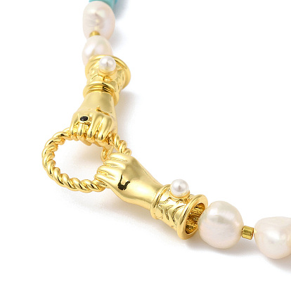 Natural Mixed Gemstone & Pearl Beaded Necklaces, Real 18K Gold Plated Brass Double Hand Link Bohemian Necklace for Women, Cadmium Free & Lead Free