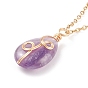 Natural Gemstone Teardrop Pendant Necklace, Gold Plated 304 Stainless Steel Wire Wrap Jewelry for Women