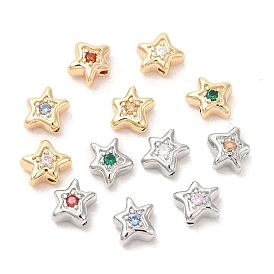 Brass Cubic Zirconia Beads, Star, Real 18K Gold Plated/Platinum