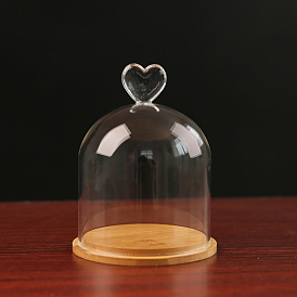 Couvercle de dôme en verre à haute teneur en borosilicate, vitrine décorative coeur, terrarium cloche cloche avec base en bois