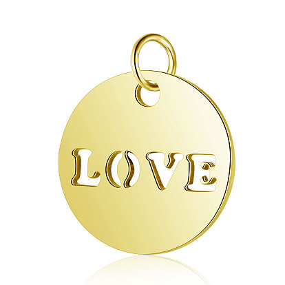 304 Stainless Steel Charms, Flat Round with Word LOVE